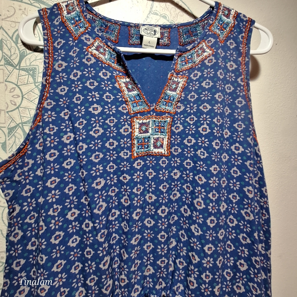 Lucky Brand Blue Sleeveless Patterned Dress with Embroidery